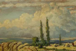 Vintage Bild Gemälde mit Geschichte Öl auf Leinwand Landschaft Bauern Feld Arbeit Heuballen Signiert 1948 - Bild 3