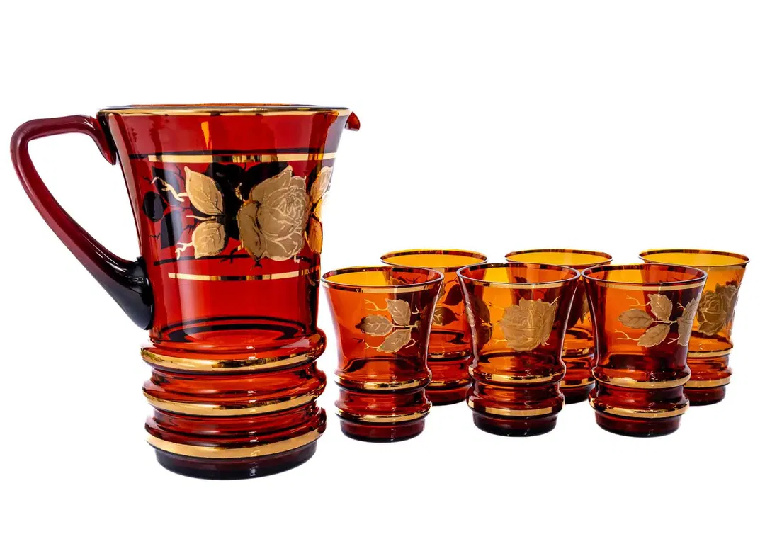 Glas-Krug + 6 Glas-Becher  mit Goldrand und Blumenmuster in braun - Bild 4