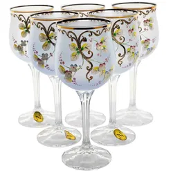 6 Weingläser handbemalt – Blau mit Goldrand & Blütendekor – Höhe ca. 18,5 cm - Bild 1