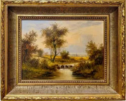 Antikes Ölgemälde Flusslandschaft, signiert Gruber, Prunkrahmen vergoldet, ca. 54x44cm