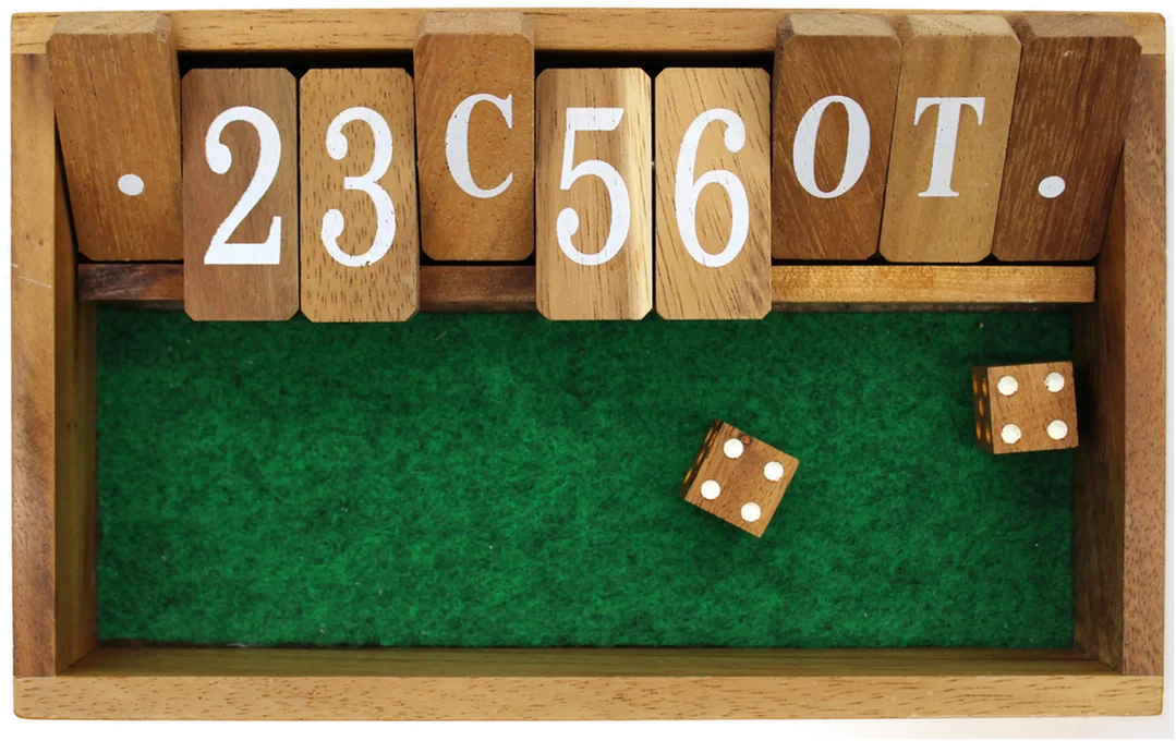 Holz-Würfelspiel „Shut the Box / JACKPOT“, Klappsteine 1–9 und Buchstaben, Filzeinlage, inkl. 2 Holzwürfeln – Bild 3