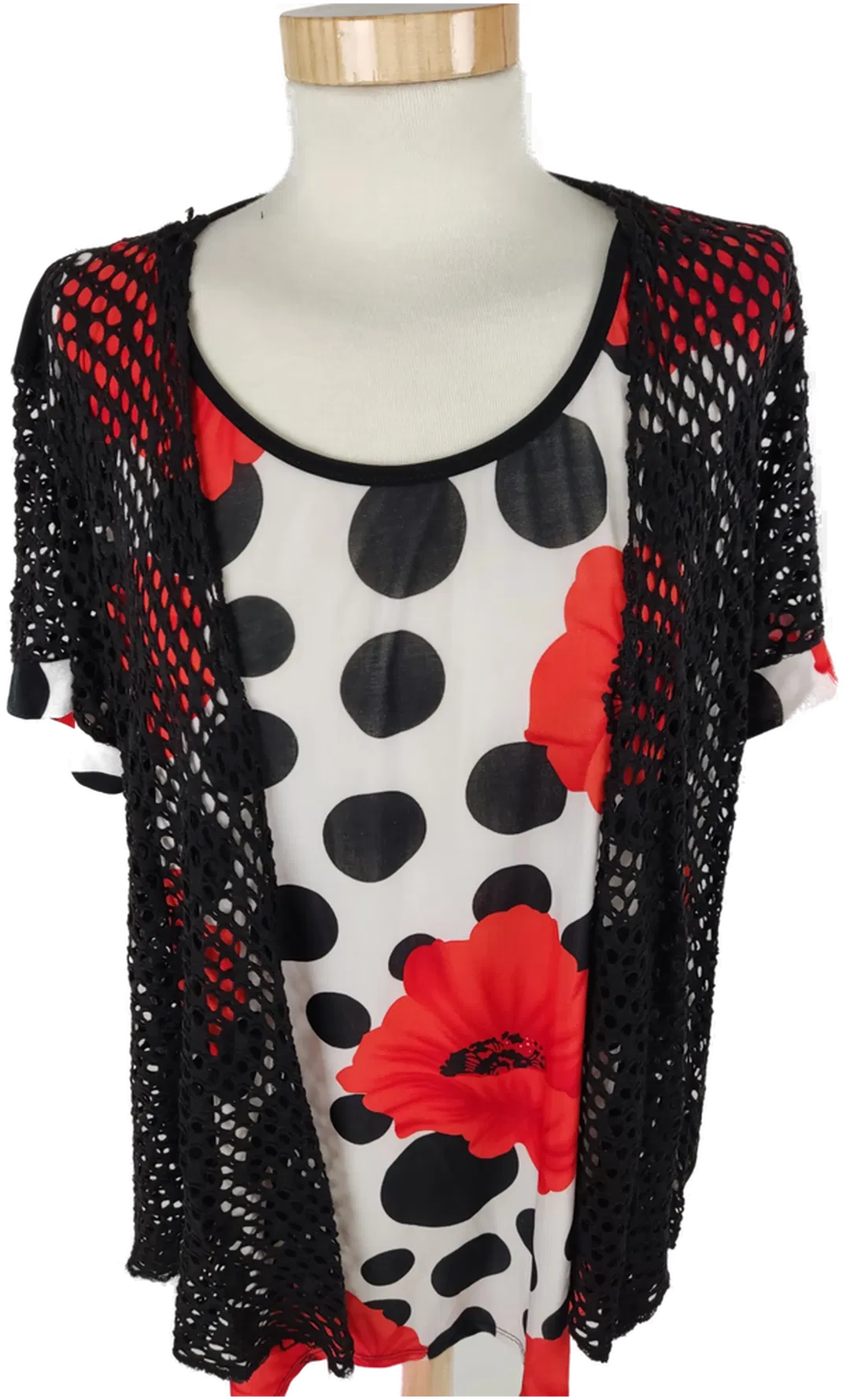 T-Shirt, kurzarm mit Rundhalsausschnitt, weiß/rot/schwarz gemustert, Größe L (geschätzt) - Bild 1