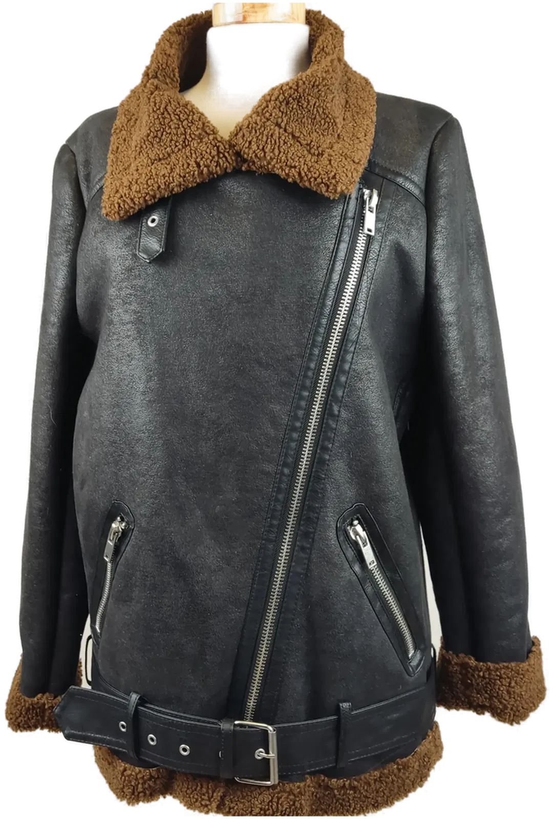 Zara Damen Kunstlederbikerjacke schwarz mit braunem Innenfell - M/38 - Bild 4