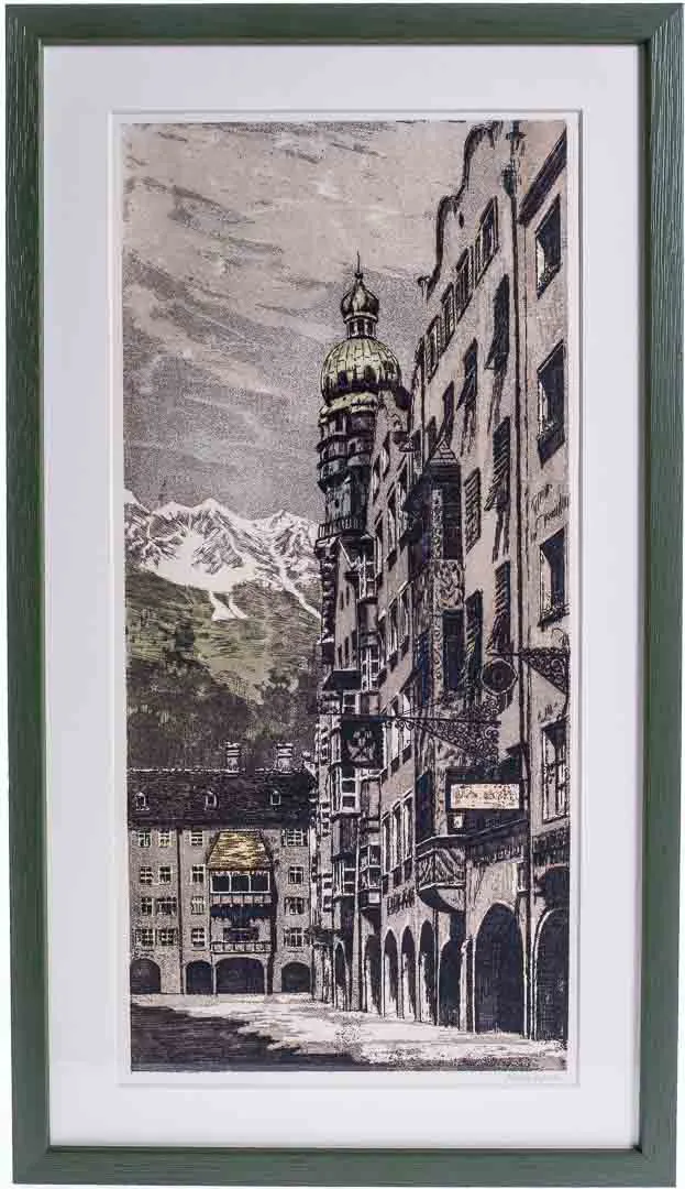 Josef Reinbach: Handkolorierte Originalradierung Innsbruck, Goldenes Dachl mit der Nordkette im Hintergrund - Bild 4