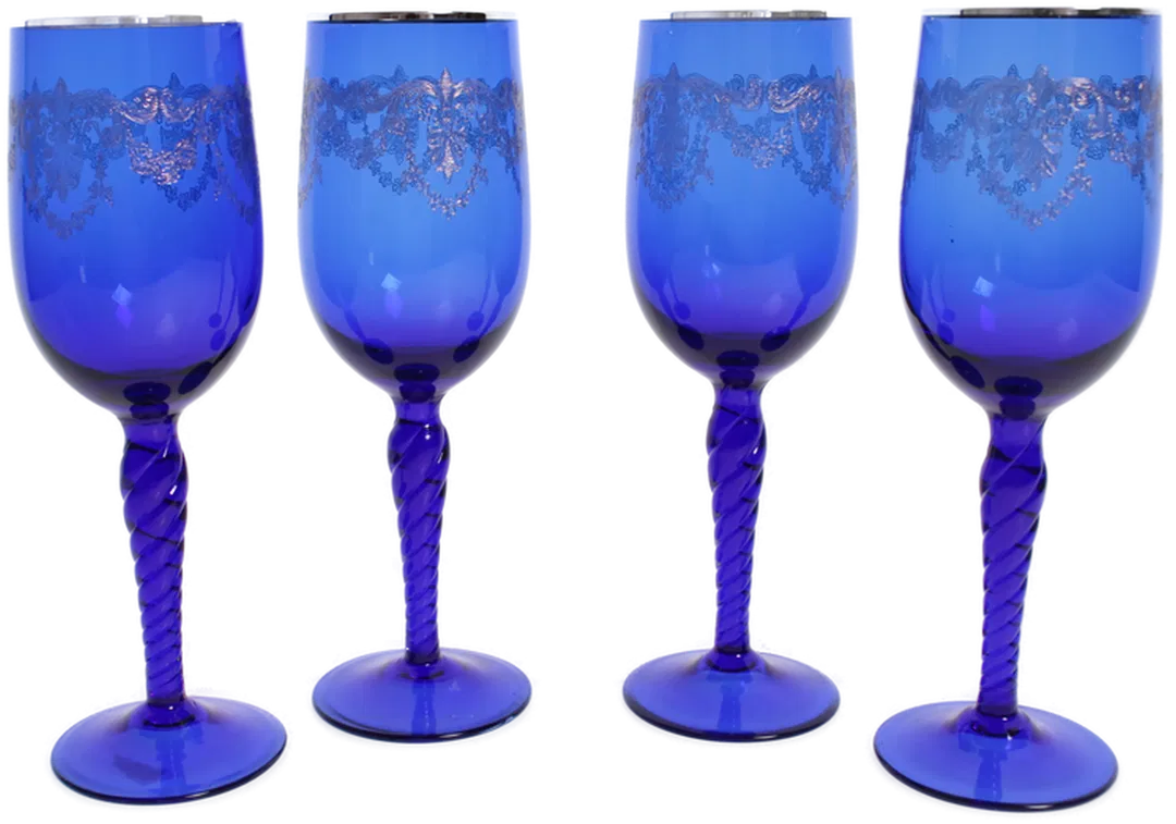 4 Weingläser aus kobaltblauem Glas mit Goldrand und Ornamentgravur - Bild 1