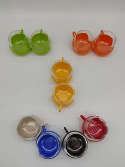 10 Stk. Vintage-Trinkgläser inkl. Plastikhalter - 70er Jahre - kunterbunt - Made in Holland - Bild 4