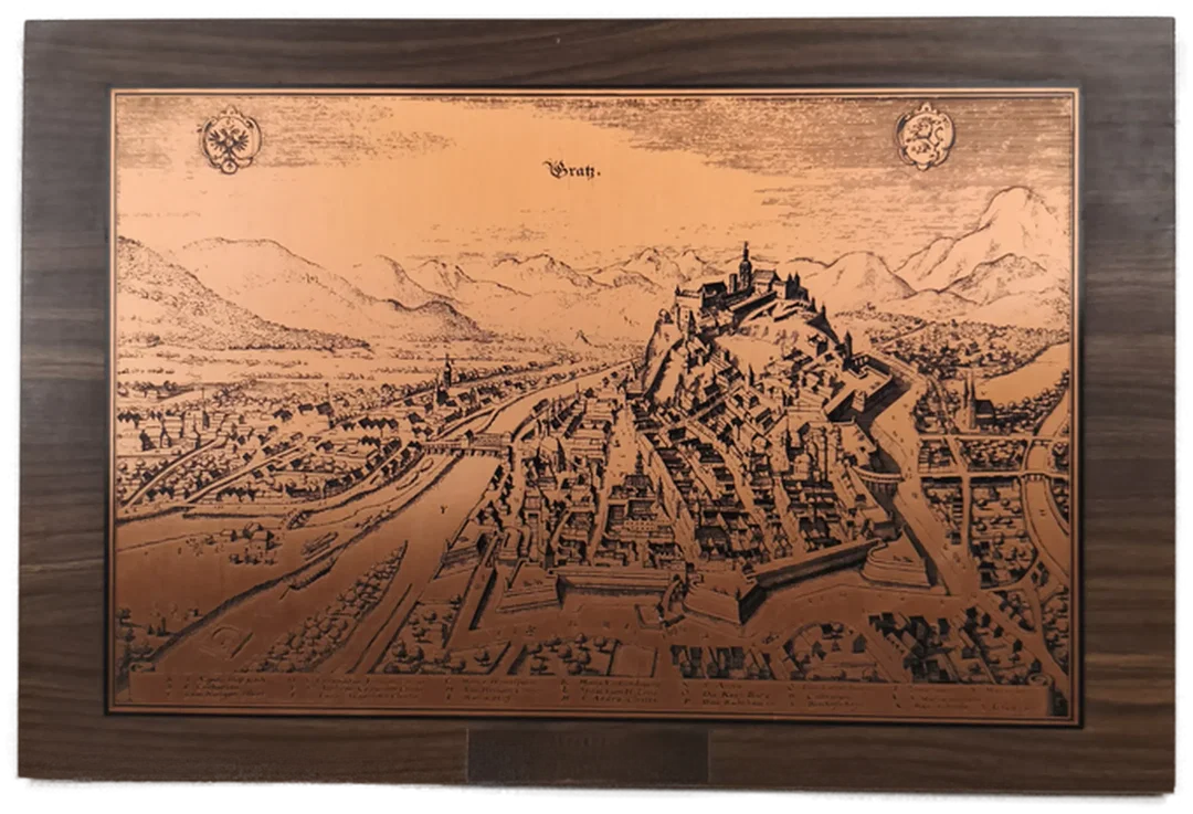 Ehrenpreis "historisches Graz" Kupferplatte auf Holz, Vintage – Bild 1