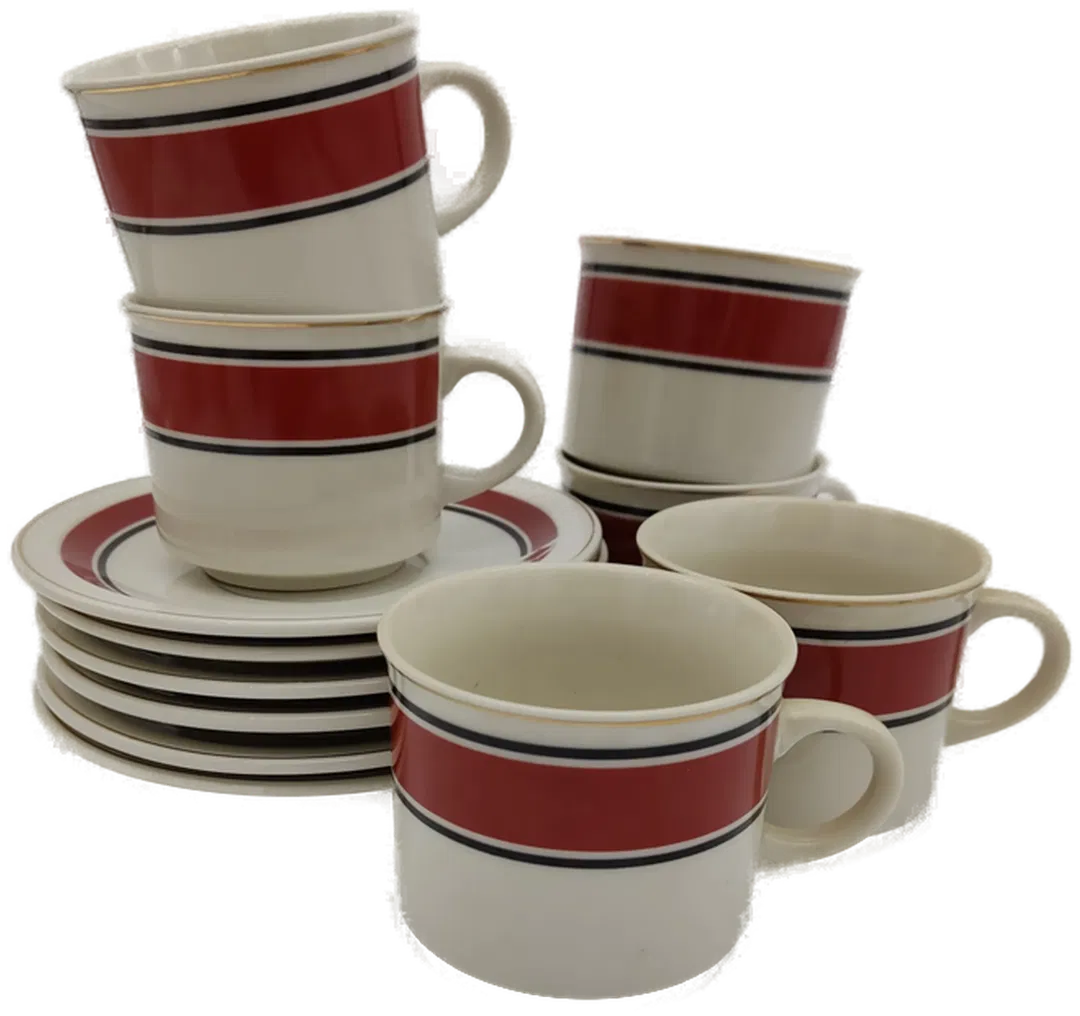 Service mit 6 Kaffeetassen mit Untertassen, weiß mit braunem Dekorrand, Größe 12tlg. - Bild 1