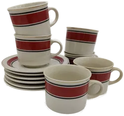 Service mit 6 Kaffeetassen mit Untertassen, weiß mit braunem Dekorrand, Größe 12tlg. - Bild 1