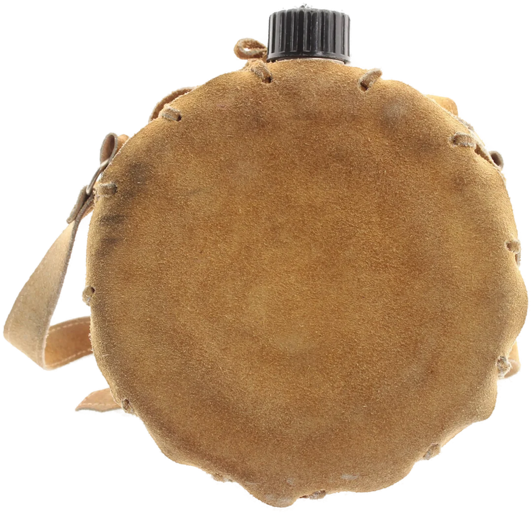 Vintage Feldflasche / Trinkflasche rund mit Wildlederbezug – Ø ca. 18,5 cm – mit Trageriemen - Bild 4