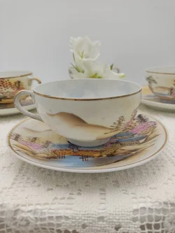 Japanische Teetasse mit Untertasse 4er-Set Porzellan Landschaftmotiv | Asiatische 'Kutani' Stil - Bild 4