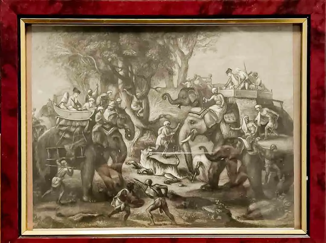 Original Stahlstich 1843 „Elefanten-Jagd auf Tiger“ im Rahmen 27x21 cm – Bild 1