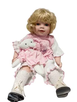 Porzellanpuppe Mädchen ca. 35 cm mit Kuschelelefant und rosa Kleid – Vorschau 3