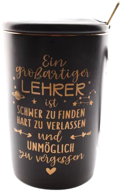 Geschenkset Tasse Lehrer – Schwarze Keramiktasse mit Deckel & Löffel, Spruch „Ein großartiger Lehrer ist schwer zu finden“ - Bild 1