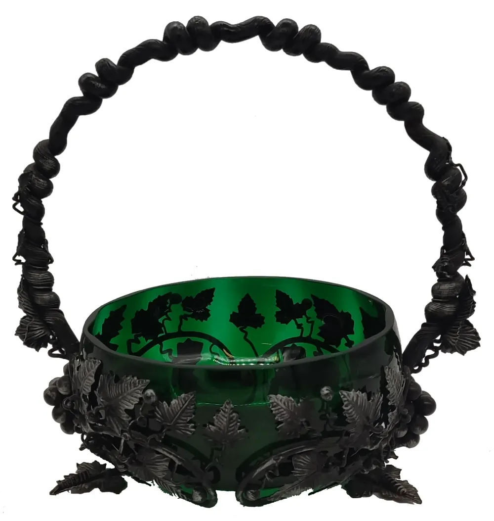 Antikes Fruchtschalen-Set mit Weintraubenmotiv aus Gusseisen und Glas in grün-schwarz, 3 Stück - Bild 4