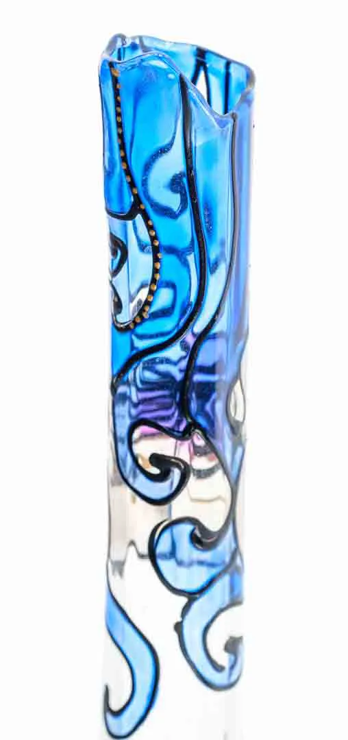 Handbemalte Glasvase mit Blumenmotiv in Blau und Lila 30 cm – Bild 3