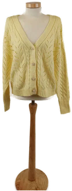 AMISU Damen Strickweste, Langarm, Ajourmuster mit Perlknöpfen, Hellgelb, Gr. S - Bild 1