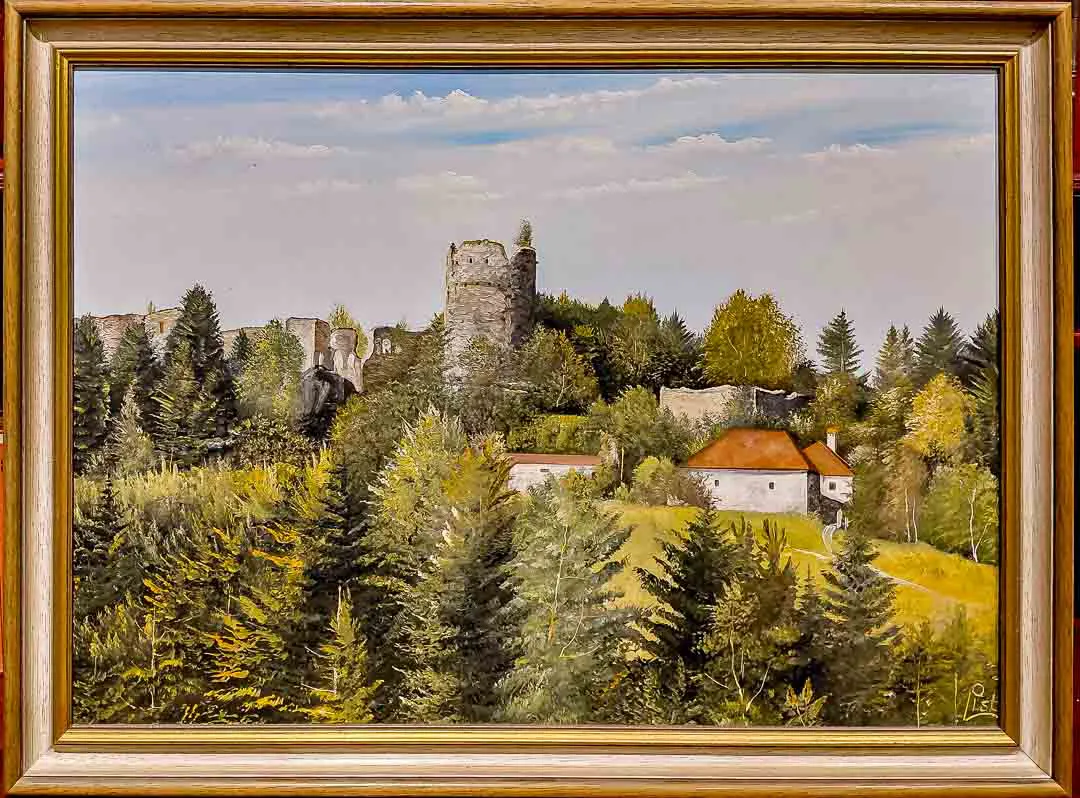 Ölgemälde Burgruine mit Bauernhof, signiert List, Goldrahmen – Bild 1
