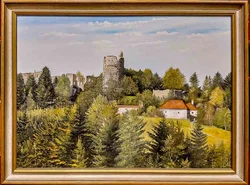 Ölgemälde Burgruine mit Bauernhof, signiert List, Goldrahmen