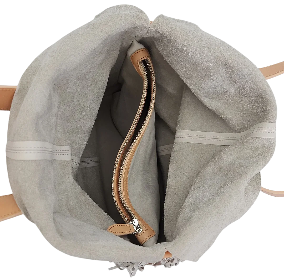 Max V. Koenig Damen Lederhandtasche mit Fransen, grau/creme - Höhe ca. 37 cm  – Bild 4