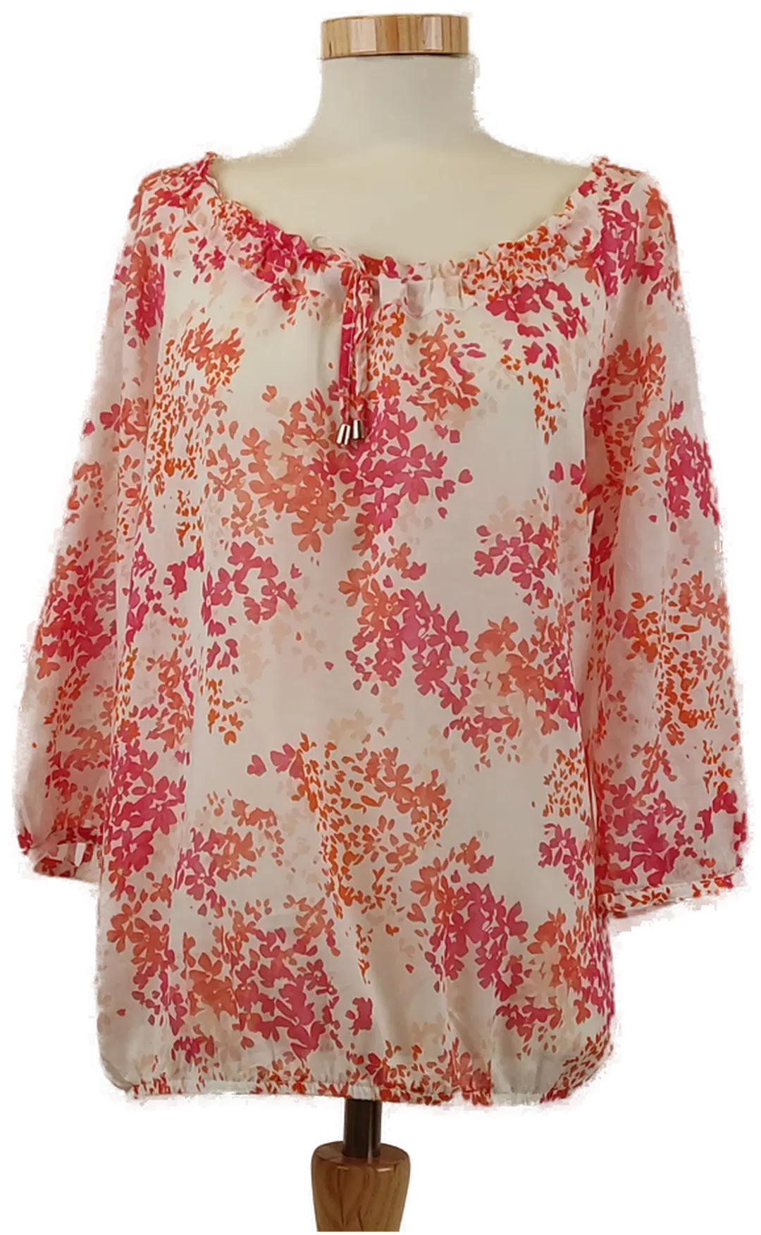 Weiße Damen Bluse mit gerafftem Ausschnitt, Ärmelriegel, orange geblümt, Gr. M - Bild 1