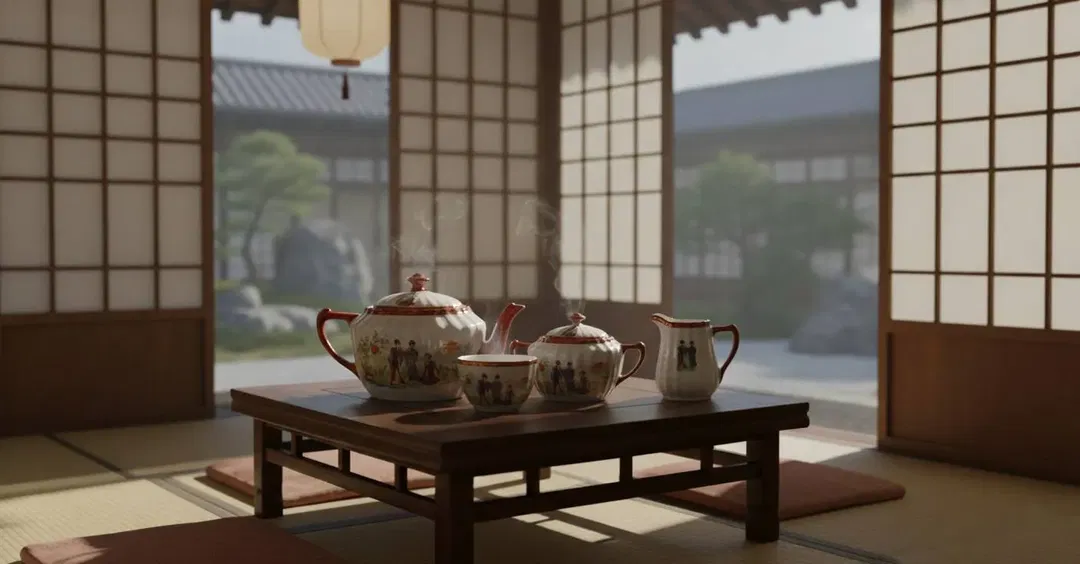 Japanisches Porzellan-Teeset mit Geisha-Dekor – 4-teilig, handbemalt, rot-gold - Bild 1