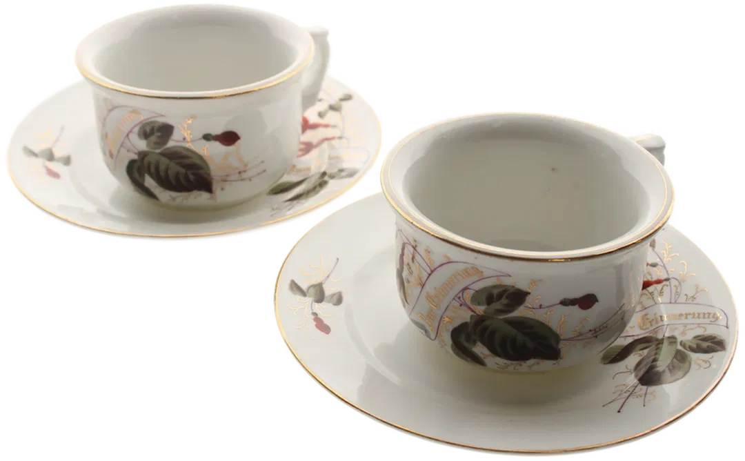  2 Antikes Tassen - mit Untertasse – Porzellan, handbemalt, „Zur Erinnerung“, Goldrand - Bild 4