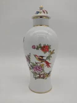 Hollohaza Vintage-Deckelvase mit Blumen und Vogelmotiv - weiß - Bild 3