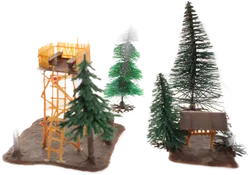 Konvolut Modellbahn-Dekoration – Kirche, Bahnübergänge, Hochstand, Bäume - Bild 5