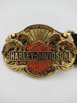 Originale Vintage Harley-Davidson Gürtelschnalle (1988), Model "Sunburst Double Eagle & Bar & Shield", mit geprägtem Leder-Gürtel Länge 85cm, Sammlerstück!!