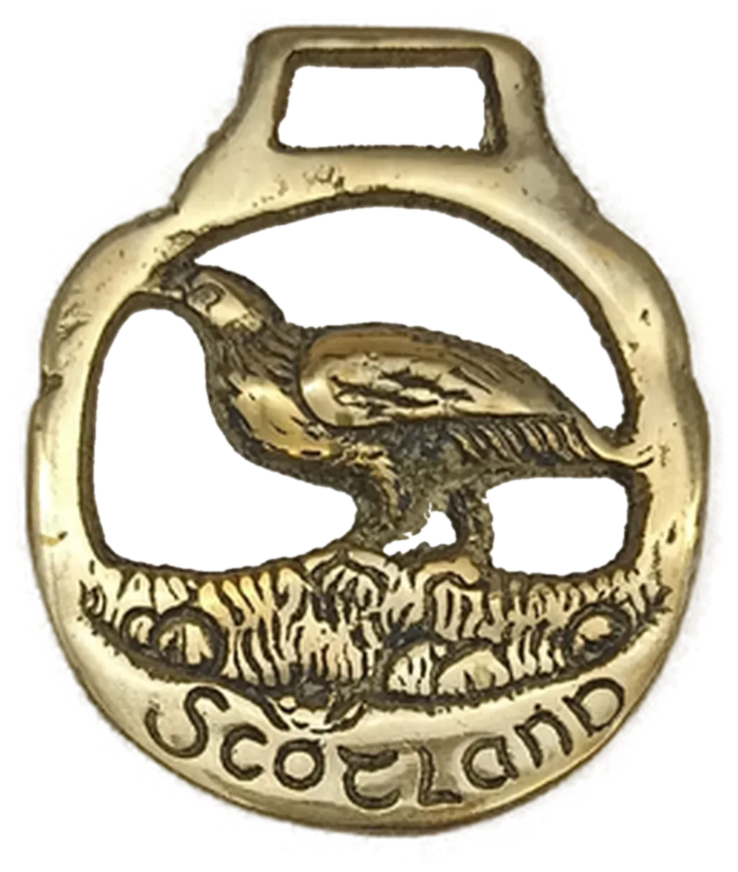 Antiker Pferde-Messinganhänger "Scotland" mit Vogel-Motiv – Bild 1