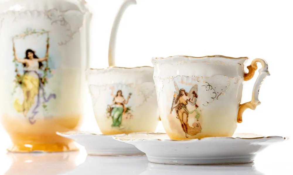 Porzellan - Kaffeeset Teeset 7-teilig, orange, weiß, Motiv Engel, Elfen, Frauen – Bild 3
