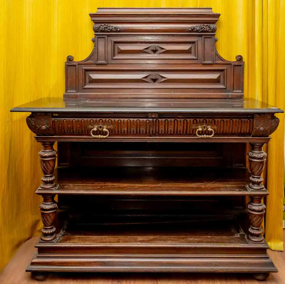 Vintage Antiker Ladentisch mit Aufsatz (Stein-Platte), Schnitzereien, L 132 cm, Holz – Bild 4