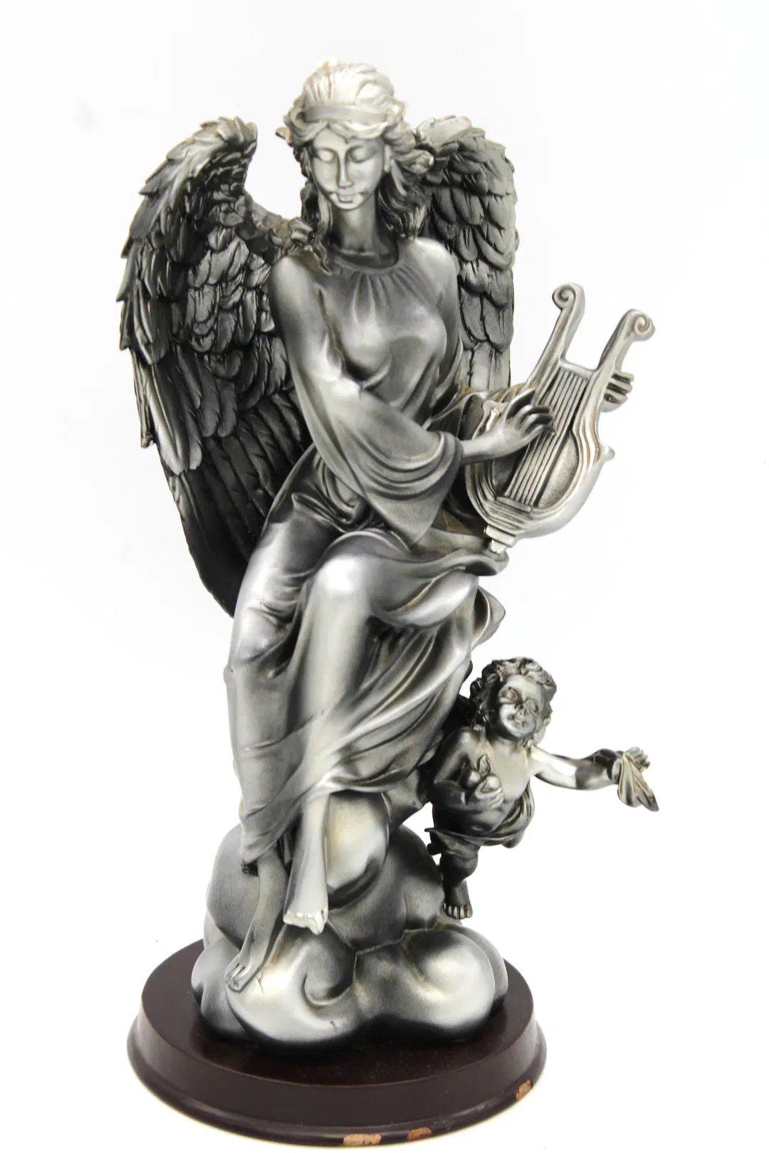 Engel Figur mit Lyra und Putto – Hartplastik Skulptur auf Holzsockel, ca. 33 cm - Bild 4