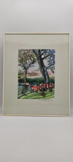 Gerahmtes Aquarell Bild 'Die Rote Bank' -1915 | Vintage-Schatz – Vorschau 2