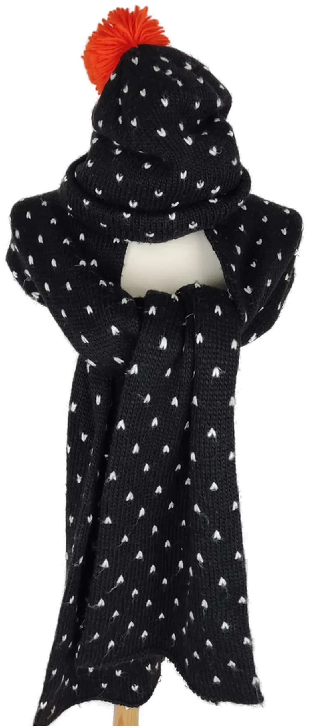 Schal und Haube "pieces", schwarz, gestrickt mit weißen Maschen – Bild 2