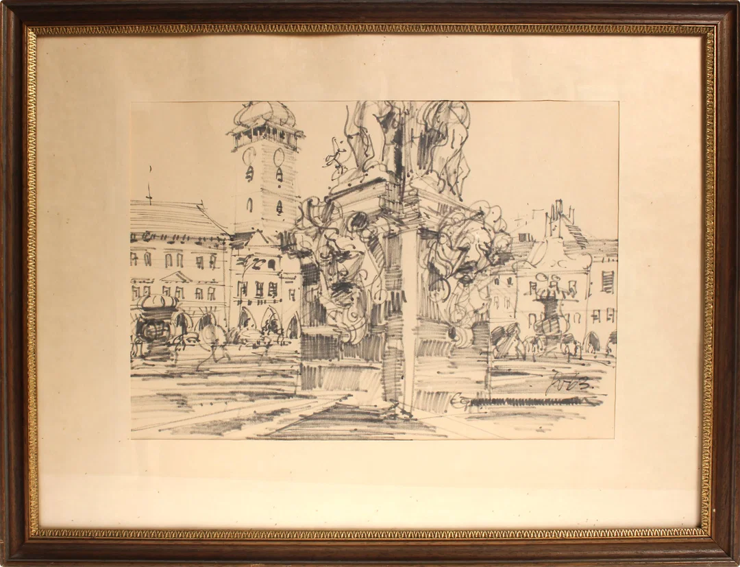 Bild Gerahmte Architekturzeichnung – Stadtansicht mit Brunnen und Figuren, signiert „W.B.“ - Bild 1
