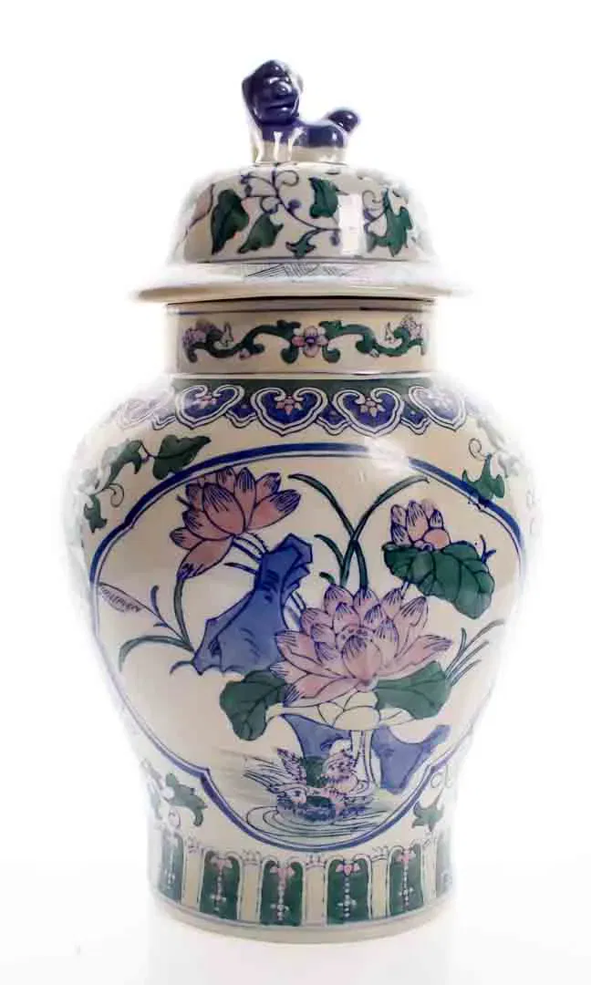 Chinesische Porzellanvase mit Deckel und Wächterlöwe – handbemalt, 35,5 cm - Bild 4