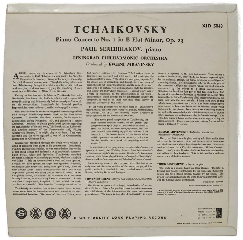 Vinyl LP - Tchaikovsky, Serebrakov - Piano Cocerto No. 1 in B Flat Minor, Op. 23 – Bild 2