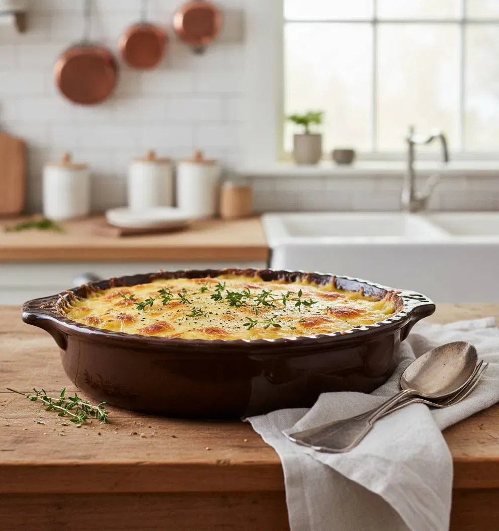 Keramik-Auflaufform, braun glasiert, Ø ca. 21,5 cm, Tiefe ca. 5,5–6 cm, Westdeutschland, Griffe mit Herz-Ösen - Bild 1