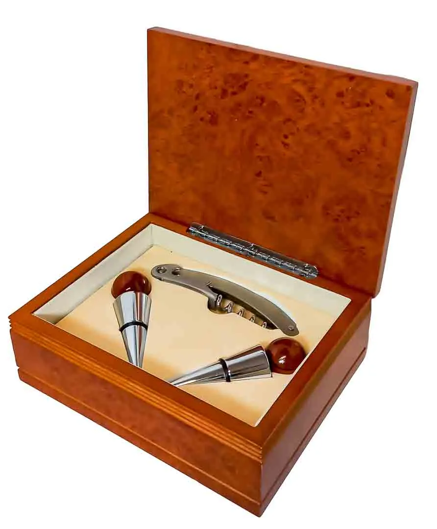 Exklusives Wein-Set 3-tlg. in edler Holzschatulle Wurzelholz-Optik - Bild 1