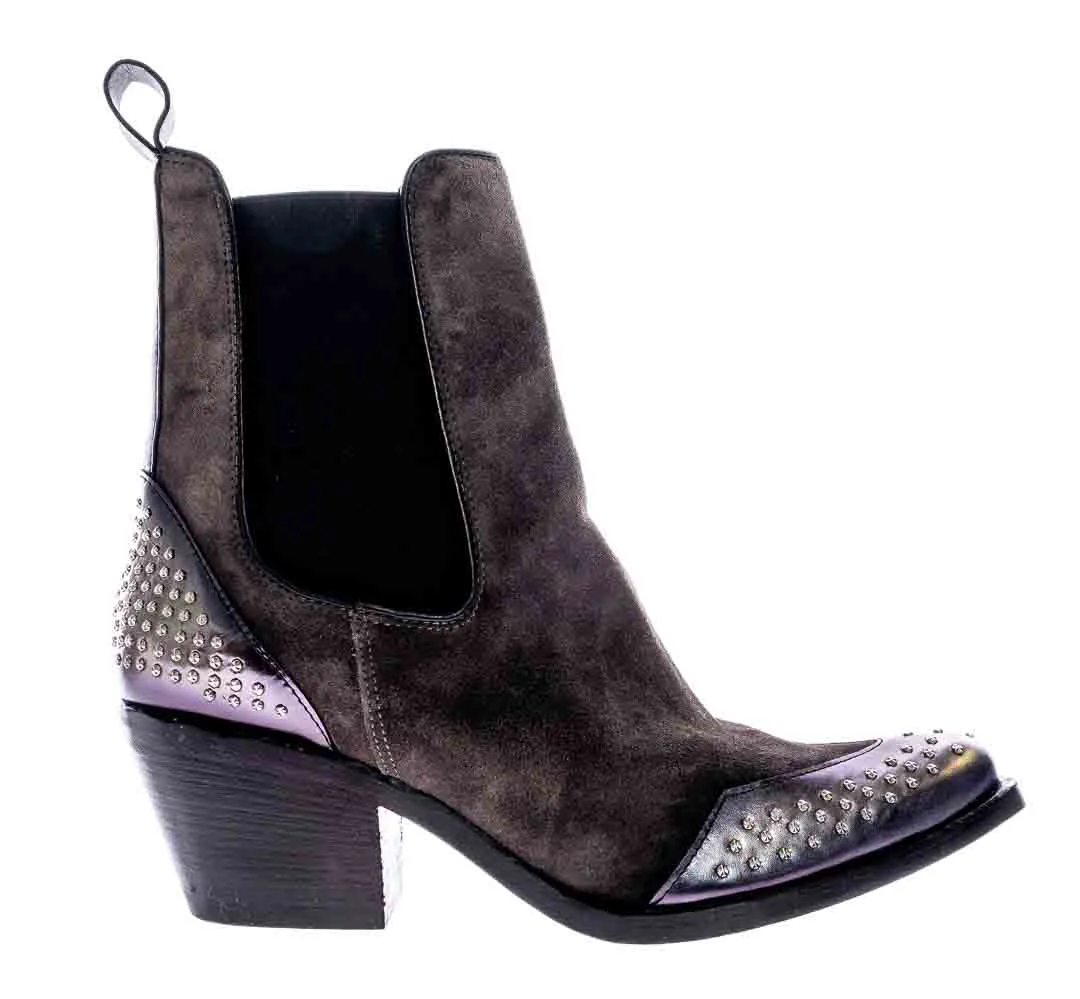 MJUS Damen Stiefeletten/Absatzstiefelette Rauleder mit Nieten Gr. 41 grau/braun  – Bild 2