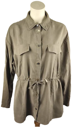 Zara Damenbluse in Olivgrün mit Bindebund | Casual-Chic