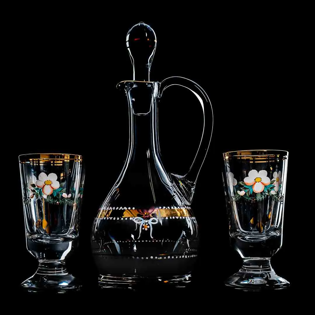Karaffe mit 2 Gläser, Kristall, bemalt, Goldrand – Bild 2