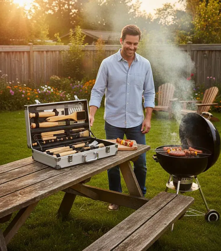 Grillbesteck-Set im Aluminiumkoffer, Holzgriffe, Edelstahl – umfangreiches Set mit Bürste, Zange, Wender, Gabel, Spießen - Bild 4
