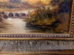 Antikes Ölgemälde Flusslandschaft, signiert Gruber, Prunkrahmen vergoldet, ca. 54x44cm – Vorschau 4