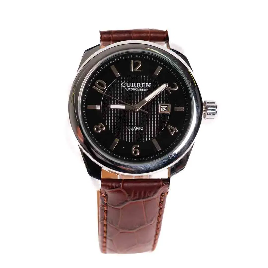 CURREN Quartz Herrenuhr Schwarz mit Datum, braunes Lederband - Bild 1