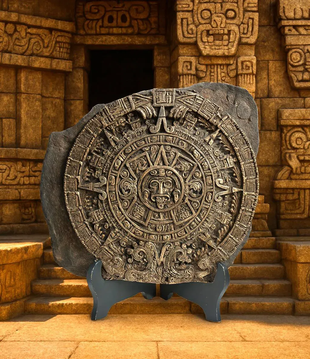 Azteken Sonnenkalender – Wandrelief 36 x 31 cm – Kunststein Deko mit Holzständer - Bild 1