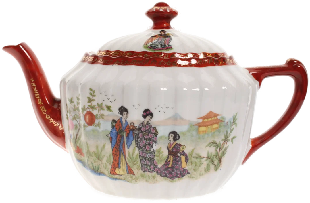 Japanisches Porzellan-Teeset mit Geisha-Dekor – 4-teilig, handbemalt, rot-gold – Bild 4