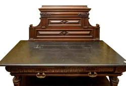 Vintage Antiker Ladentisch mit Aufsatz (Stein-Platte), Schnitzereien, L 132 cm, Holz - Bild 3